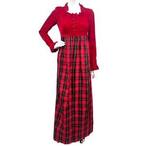 Vintage Regency Red Plaid Long Dress Velvet Bridgerton 70s Cottage Christmas